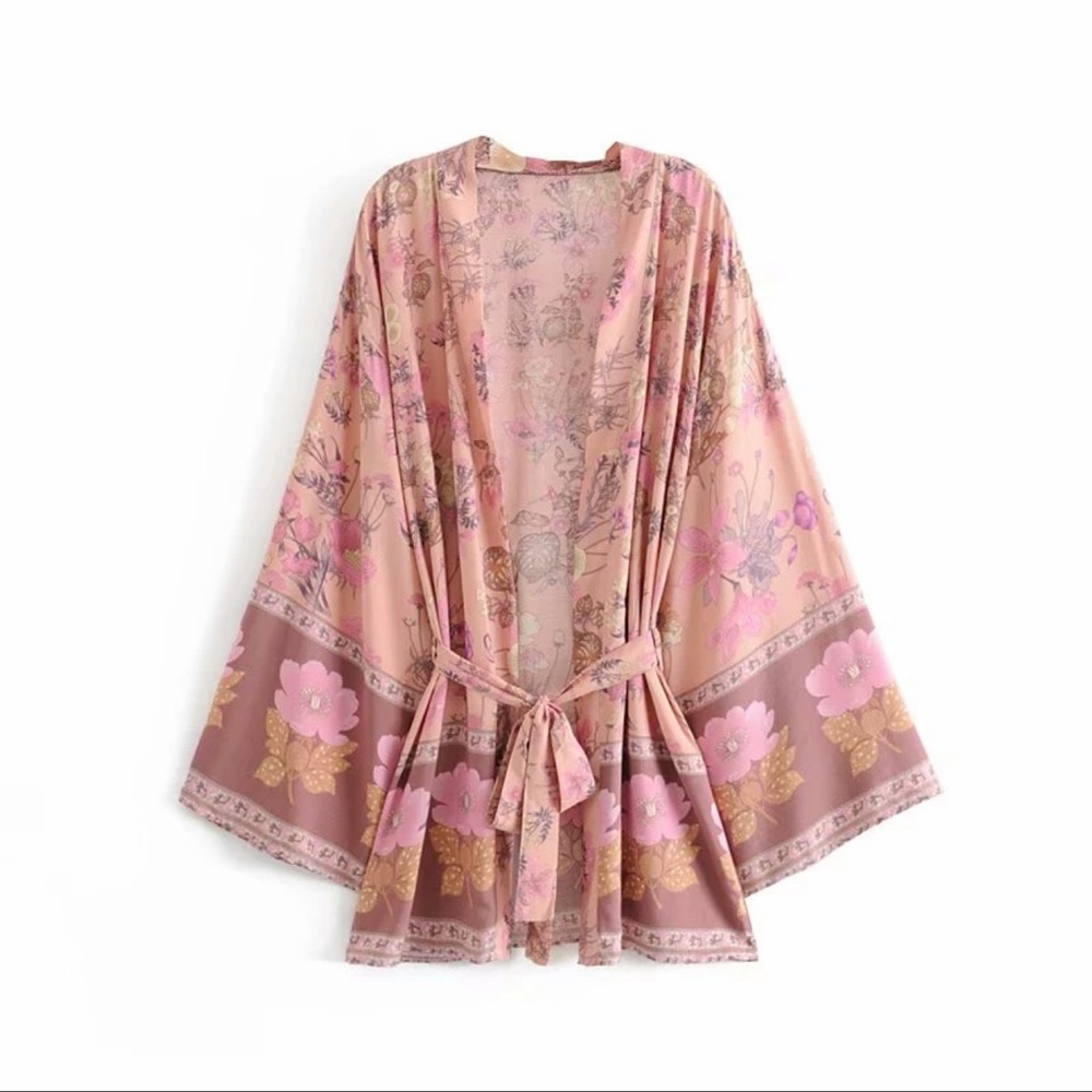 Boho gypsy floral print short kimono blue - Picture 12 of 14